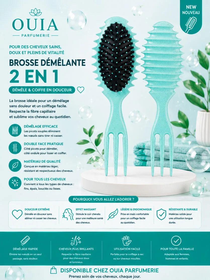 Brosse Démêlante 2 en 1 pour Cheveux Secs et Humides – Brosse de Massage avec Peigne à Dents Larges