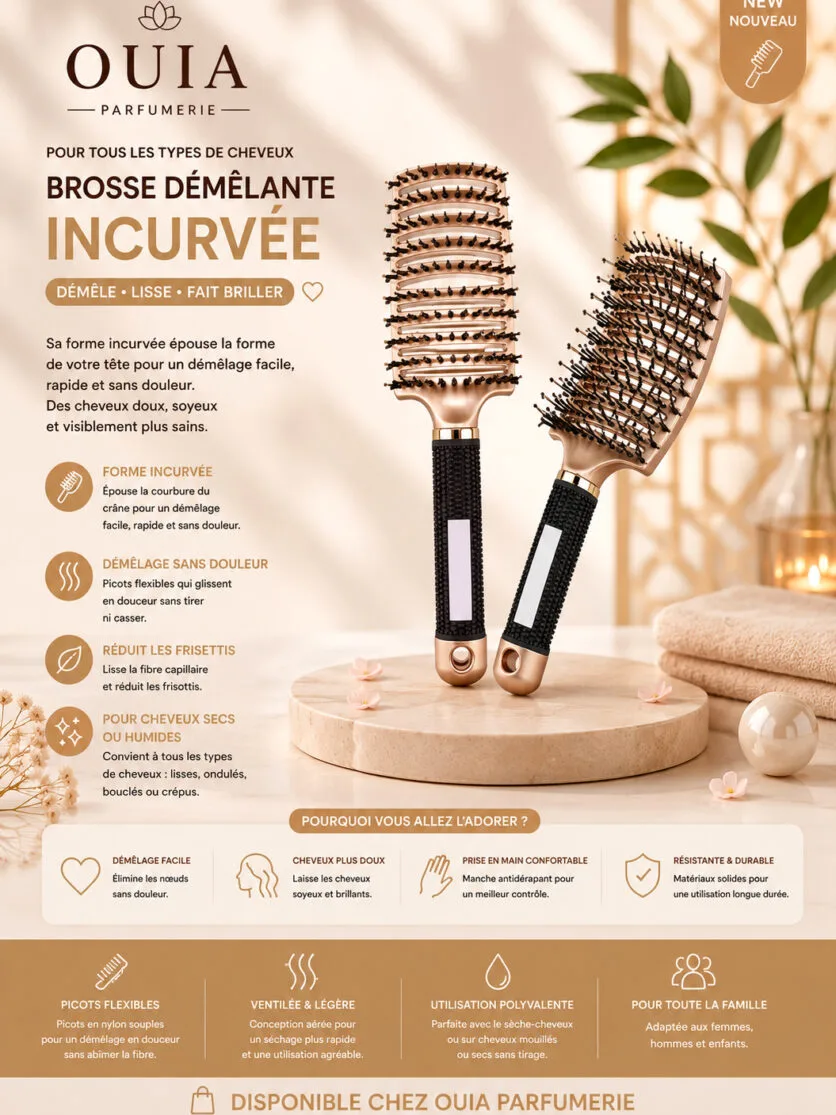 Brosse Démêlante Magique en Nylon – Brosse Ventilée et Incurvée pour Cheveux Bouclés, Secs ou Humides
