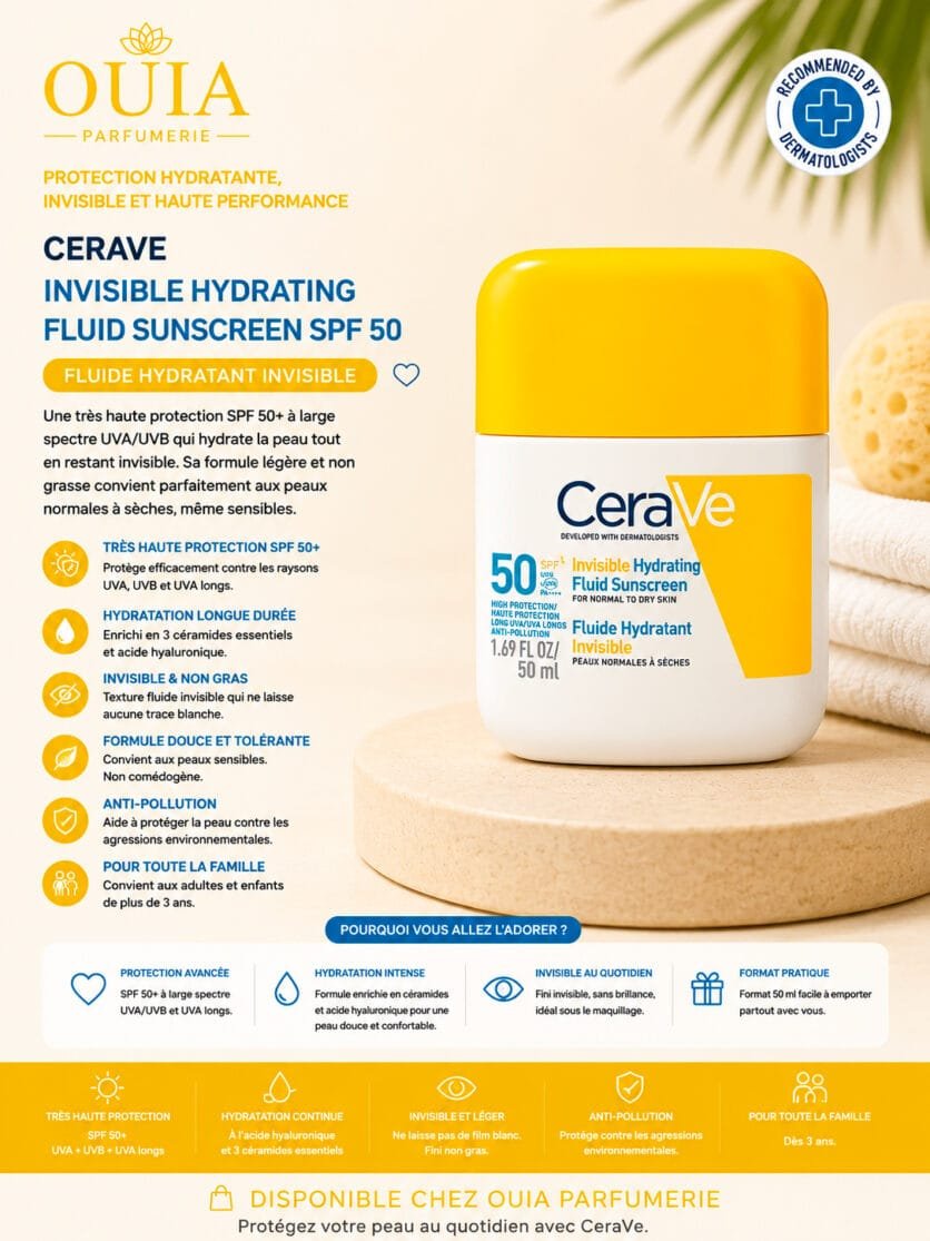 CeraVe Écran Solaire SPF 50 Fluide Invisible Hydratant 50 ml – Haute Protection Visage