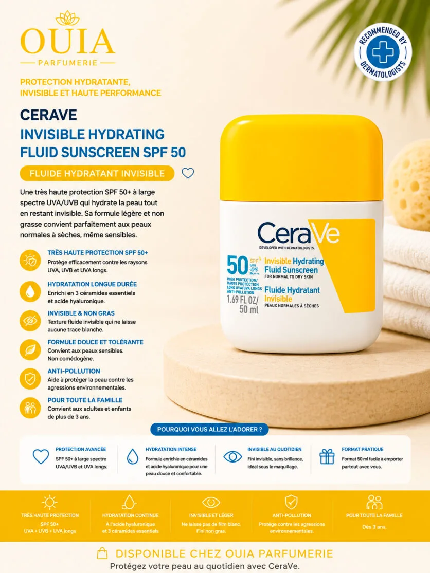 CeraVe Écran Solaire SPF 50 Fluide Invisible Hydratant 50 ml – Haute Protection Visage