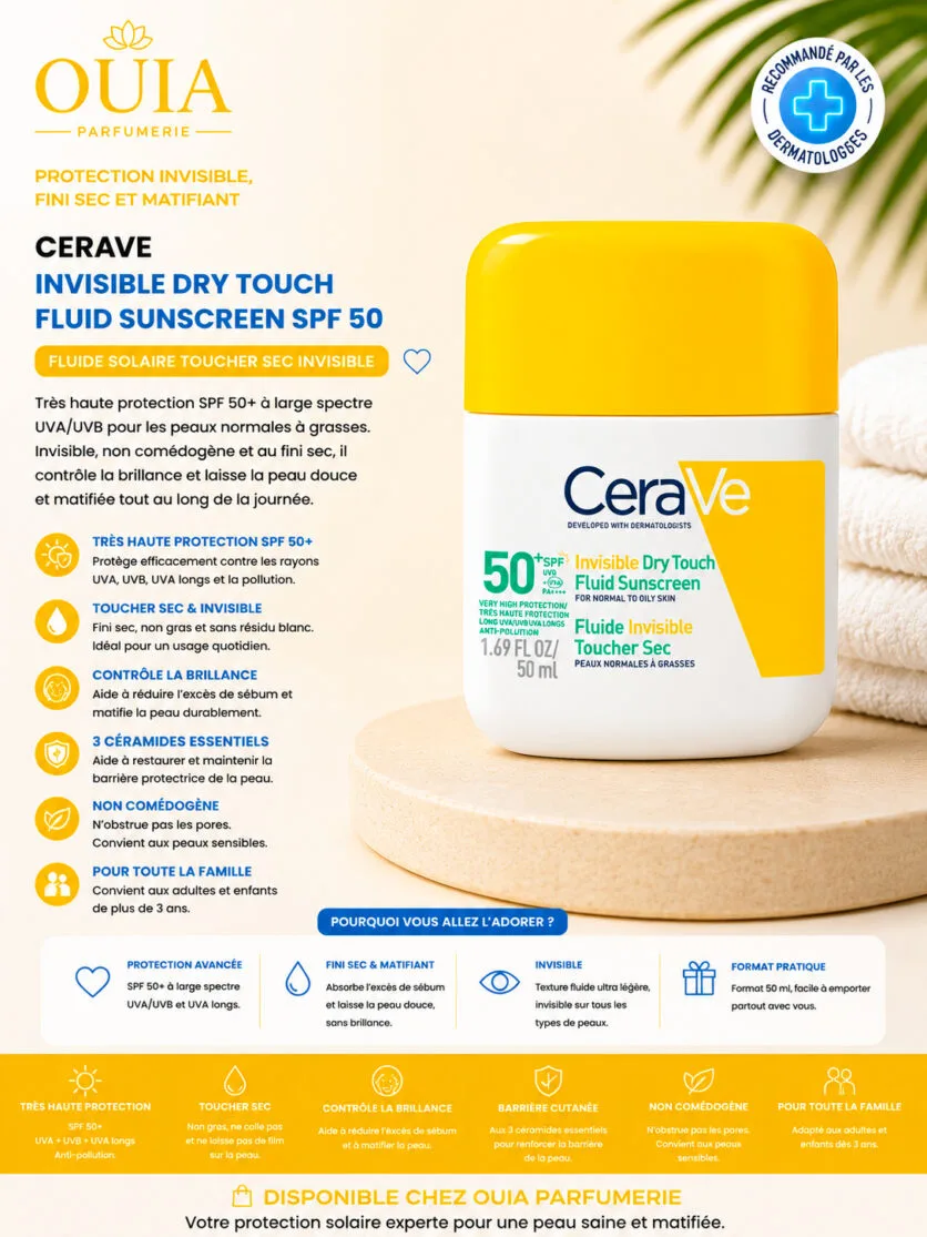 CeraVe Écran Solaire SPF 50 Fluide Invisible Toucher Sec 50 ml – Protection Matifiante pour Peaux Grasses et Mixtes