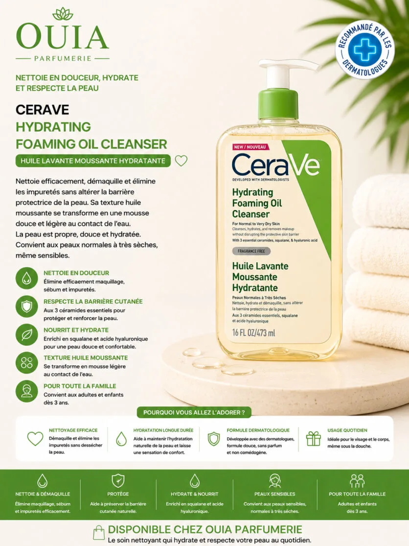 CeraVe Huile Lavante Moussante Hydratante 473 ml – Nettoyant Nourrissant pour Peaux Sèches à Atopiques