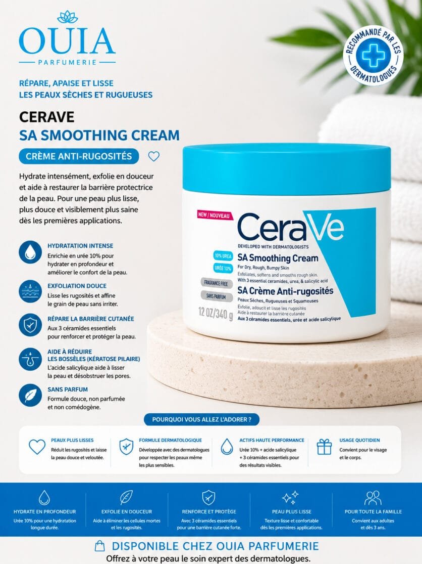CeraVe SA Crème Anti-Rugosités – Soin Lissant et Hydratant pour Peaux Sèches et Rugueuses