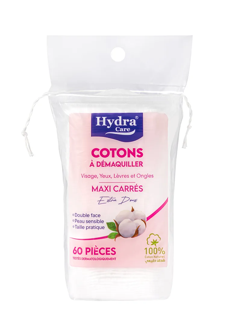 Cotons à Démaquiller Maxi Carrés Hydra Care 60 Pièces – 100 % Coton Naturel pour un Démaquillage Doux