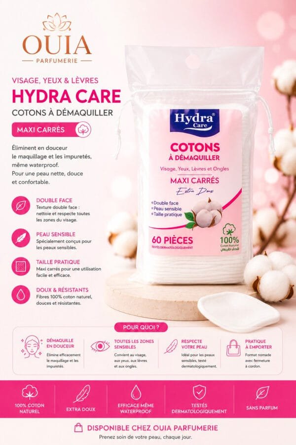 Cotons à Démaquiller Maxi Carrés Hydra Care 60 Pièces – 100 % Coton Naturel pour un Démaquillage Doux