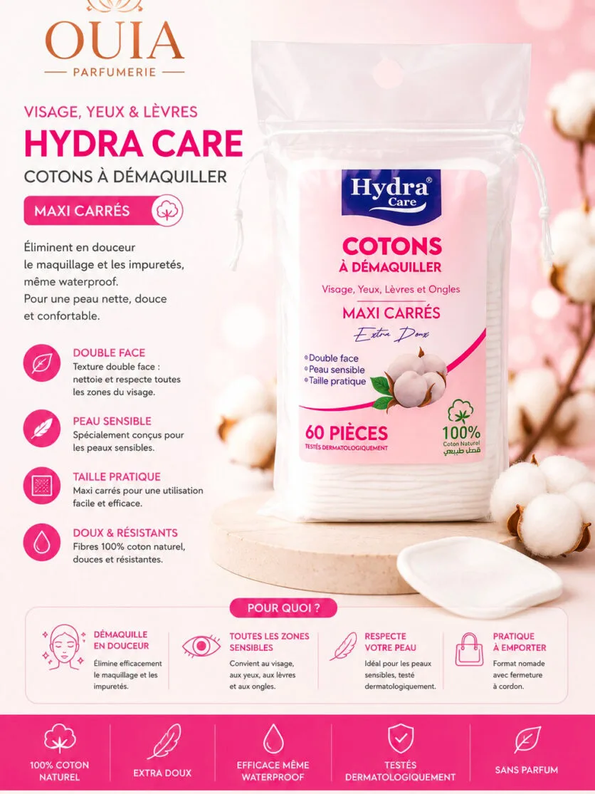 Cotons à Démaquiller Maxi Carrés Hydra Care 60 Pièces – 100 % Coton Naturel pour un Démaquillage Doux