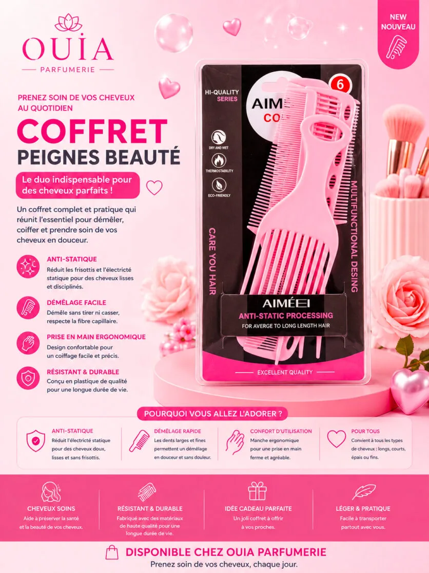 Kit Peignes Coiffure 6 Pièces – Peignes Antistatiques pour Cheveux Courts, Longs et Bouclés