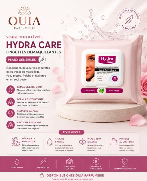 Lingettes Démaquillantes Hydra Care – Aloe Vera & Vitamine E, 25 Lingettes
