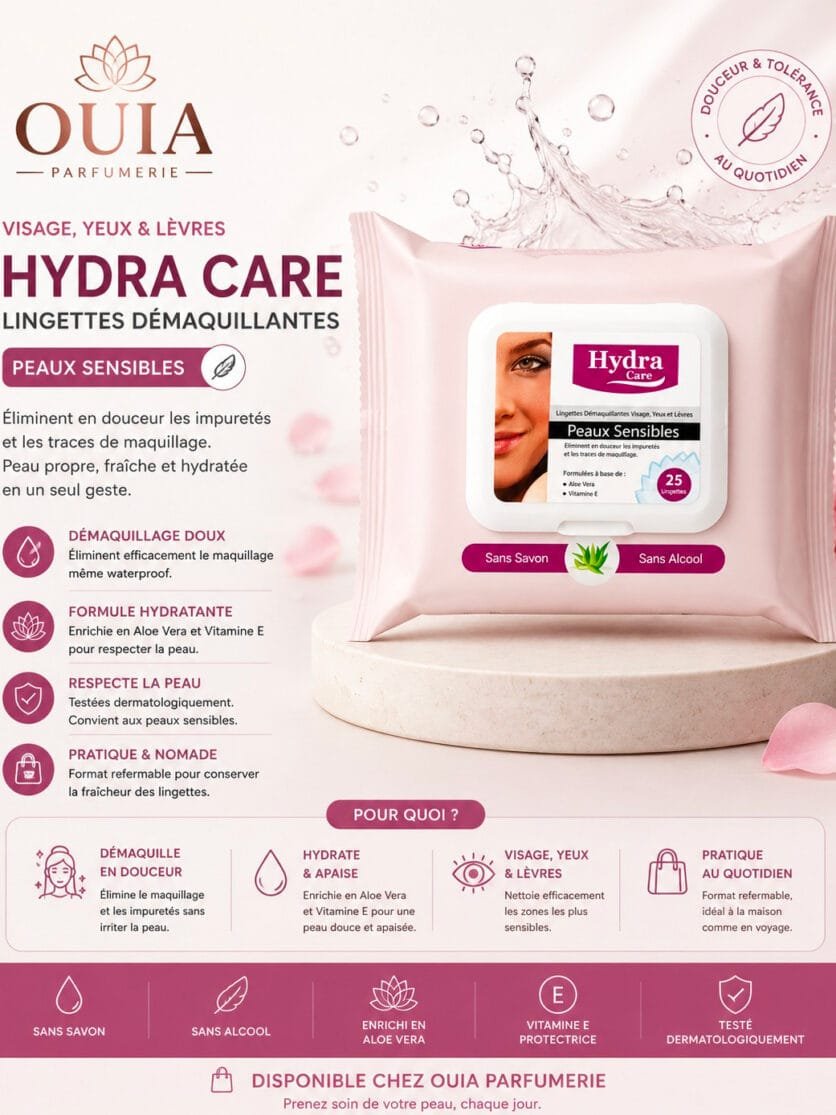 Lingettes Démaquillantes Hydra Care – Aloe Vera & Vitamine E, 25 Lingettes
