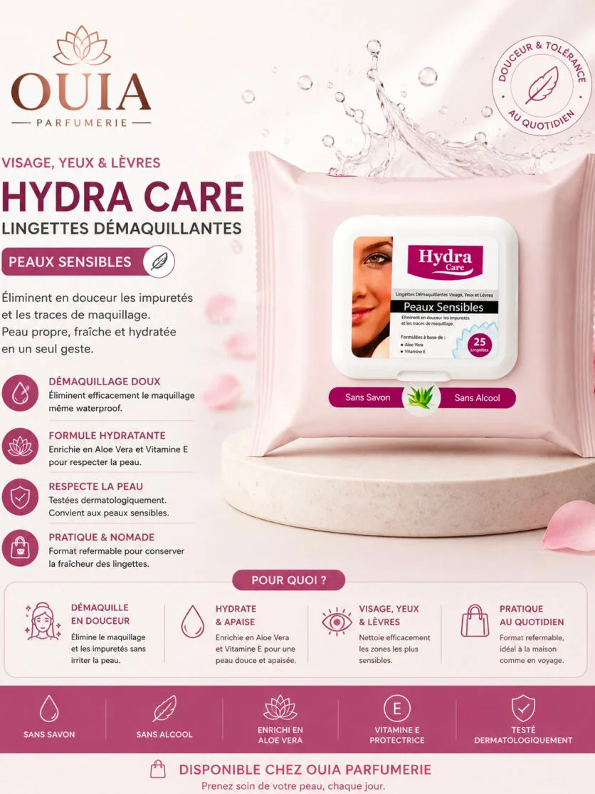 Lingettes Démaquillantes Hydra Care – Aloe Vera & Vitamine E, 25 Lingettes