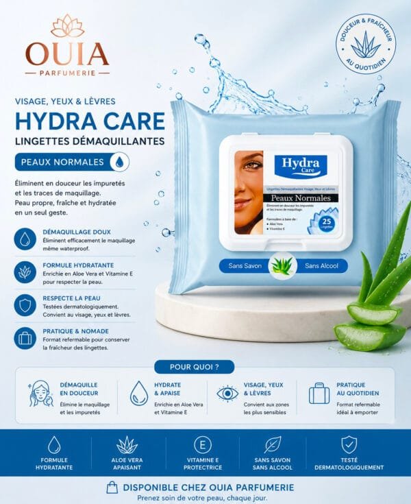 Lingettes Démaquillantes Hydra Care – Aloe Vera & Vitamine E, 25 Lingettes
