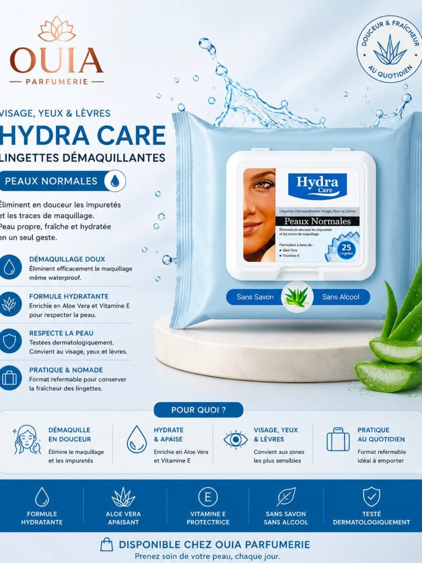 Lingettes Démaquillantes Hydra Care – Aloe Vera & Vitamine E, 25 Lingettes