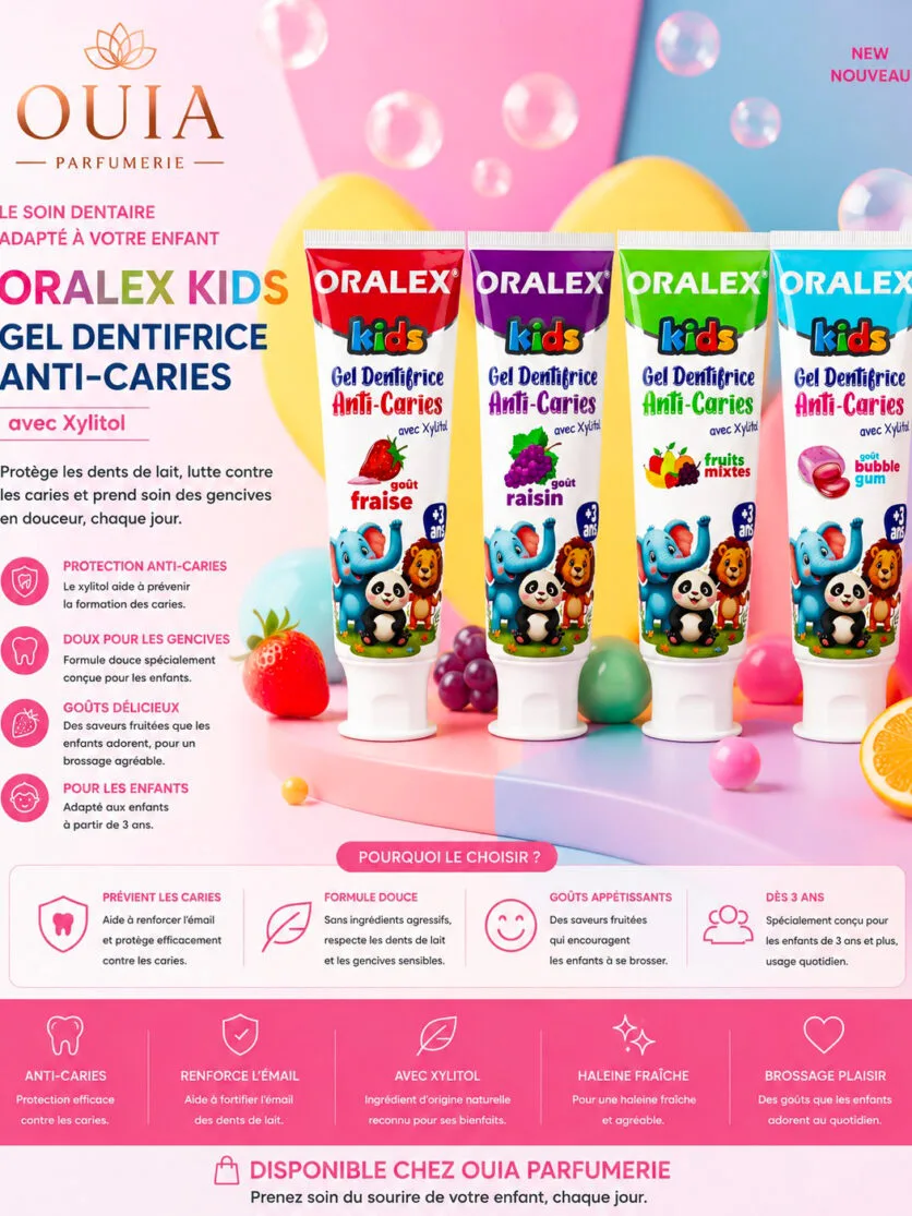 ORALEX Kids Gel Dentifrice Anti-Caries – Avec Xylitol dès 3 Ans | Fraise, Fruits Mixtes, Bubble Gum & Raisin
