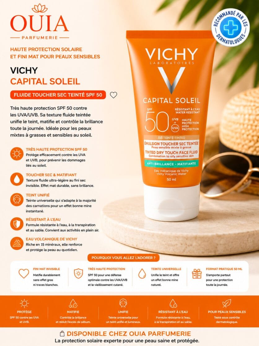 Vichy Capital Soleil Toucher Sec SPF 50+ – Écran Solaire Matifiant Haute Protection pour Peaux Mixtes à Grasses