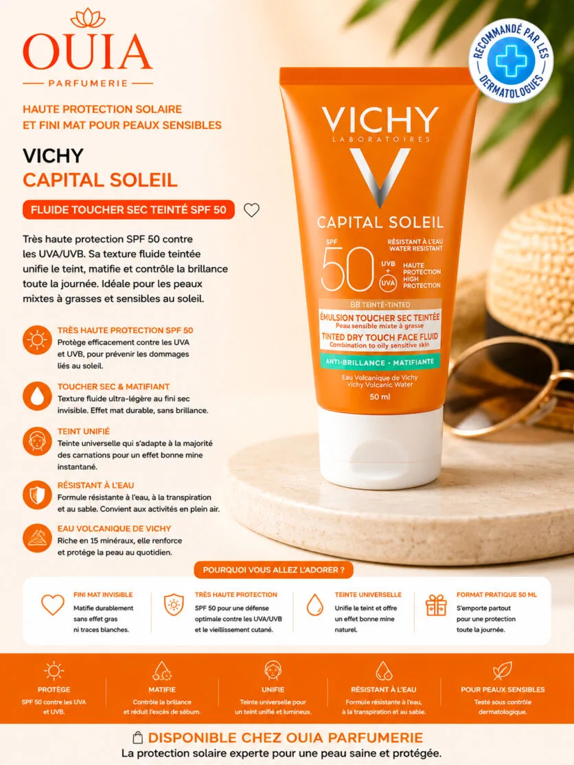 Vichy Capital Soleil Toucher Sec SPF 50+ – Écran Solaire Matifiant Haute Protection pour Peaux Mixtes à Grasses